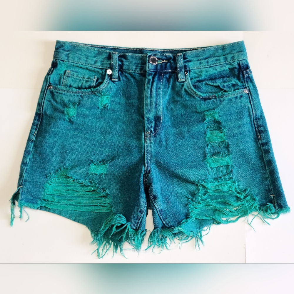 Womens Denim Jeans Distressed Cutt Off Shorts High Rise Size Medium Green